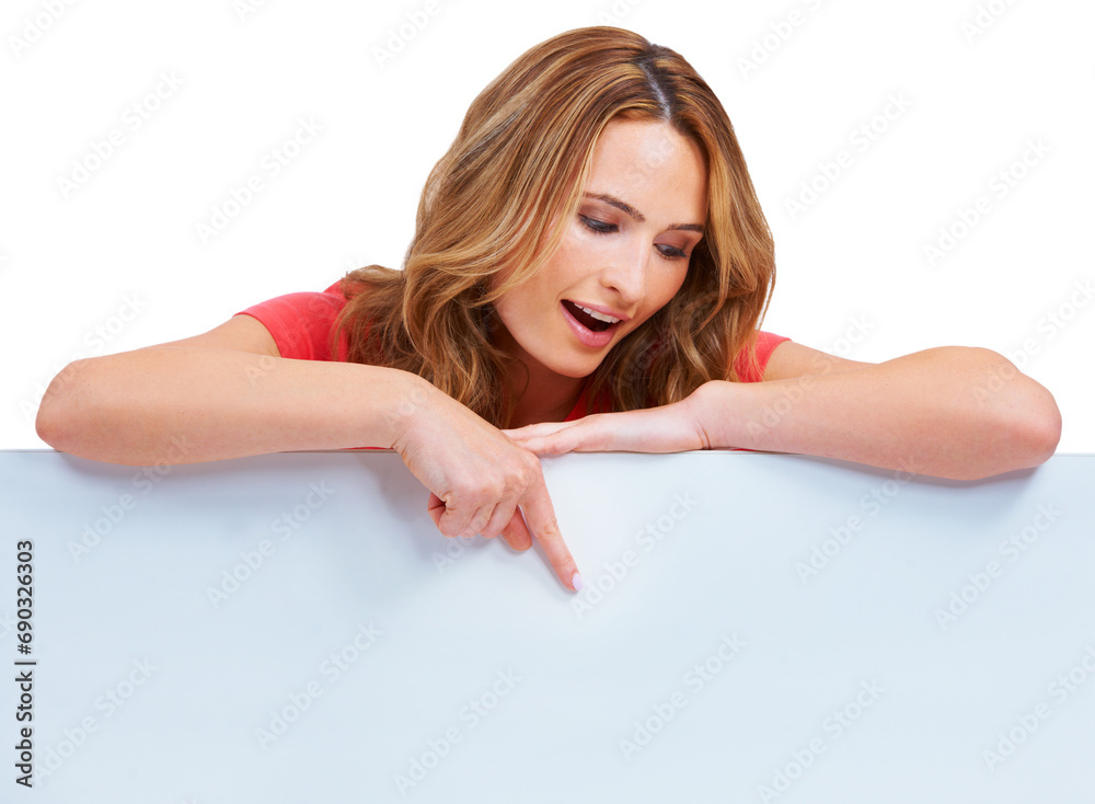 Woman, poster and pointing at information in studio for news communication, announcement or white background. Female person, billboard placard as mockup space for promotion, advertising or signage Woman, poster and pointing at information in studio for news communication, announcement or white background. Female person, billboard placard as mockup space for promotion, advertising or signage