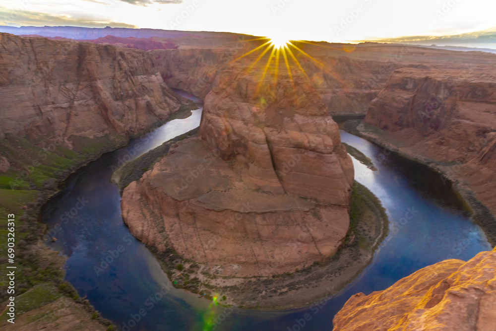 Horseshoe Bend on the Colorado River with a sunburst