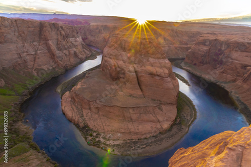 Horseshoe Bend on the Colorado River with a sunburst