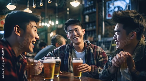 Asian Young Adults Enjoying a Fun Night Out at a Bar with Friends