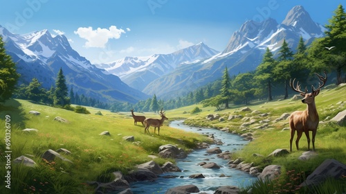A serene mountain meadow, with grazing deer and a gentle stream meandering through the green grass.