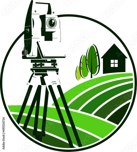 Geodetic instrument silhouette and green fields, geodetic and land surveying symbol