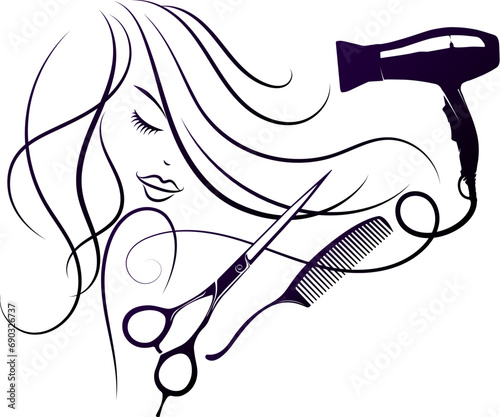 Girl curls hair and scissors comb hairdryer. Design for elephant beauty and hair salon