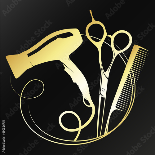 Golden hair dryer scissors hair stylist and comb