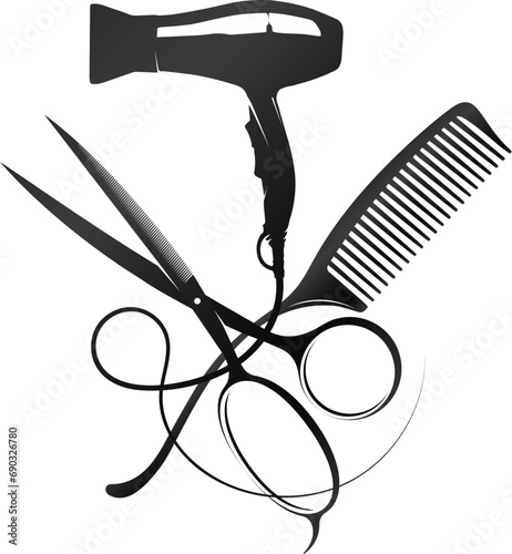 Stylist scissors, comb and hairdryer. Symbol for beauty salon and hair stylist