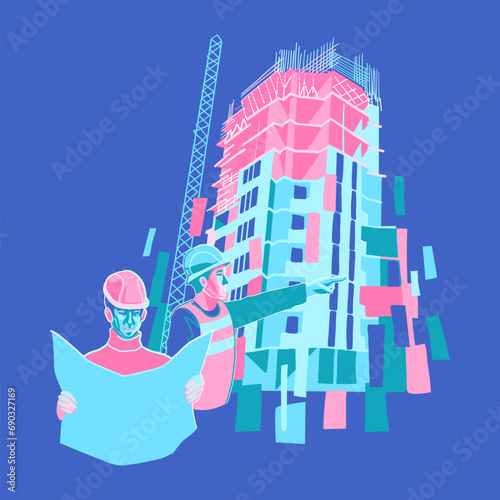 Two builders, constructors or engineers in a protective helmets in front of a unfinished building