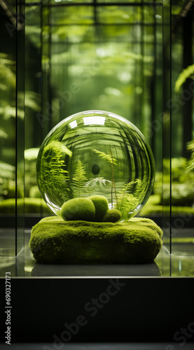 crystal glass ball with green plant moss