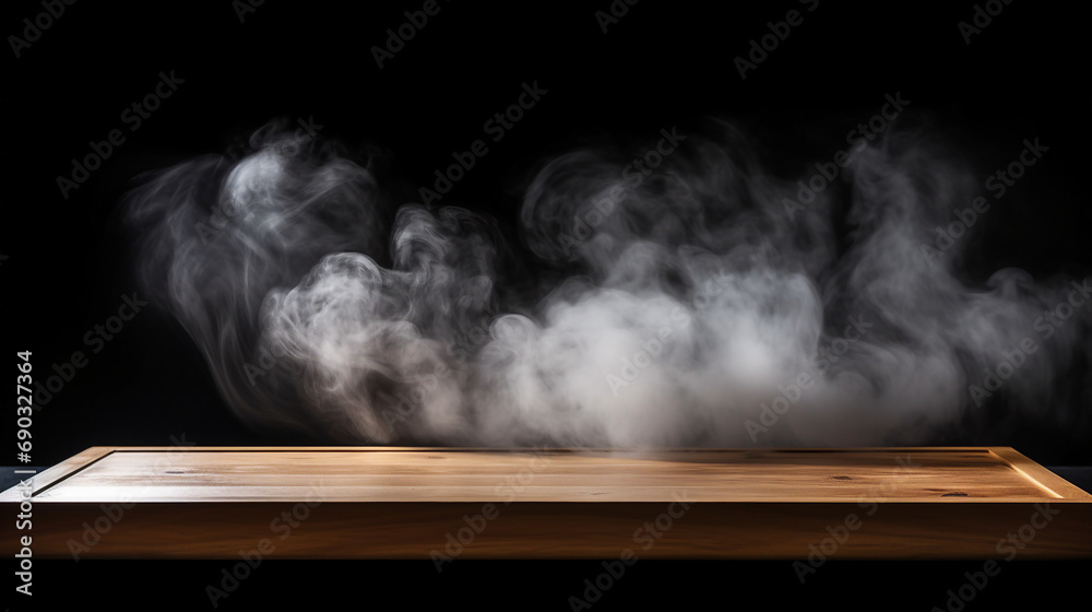 Mysterious Atmosphere: Smoke Floating Up from an Empty Wooden Table on a Dark Background - Artistic Minimalist Concept for Contemporary Interior Design and Home Decor.