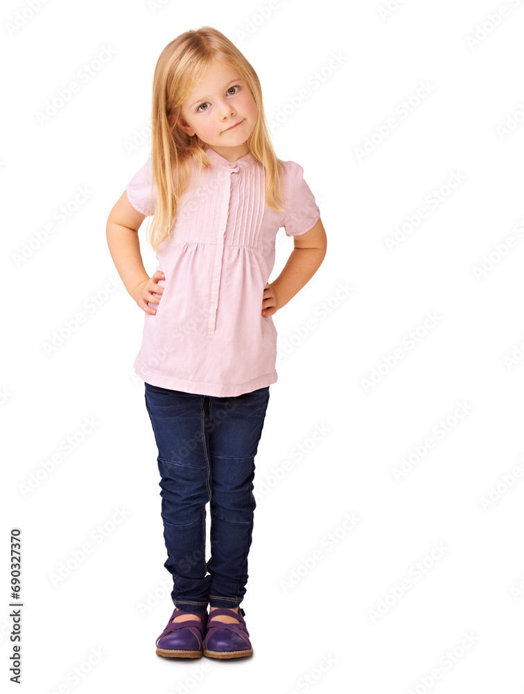 Fashion, cute and portrait of child in studio with stylish, cool and trendy outfit for kids. Happy, sweet and full body of young girl model with casual style and positive attitude by white background Fashion, cute and portrait of child in studio with stylish, cool and trendy outfit for kids. Happy, sweet and full body of young girl model with casual style and positive attitude by white background