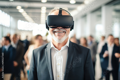 Elderly man in black suit wearing a virtual reality headset, VR glasses goggles headset © HY