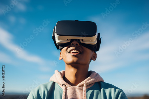 Young man wearing VR headset on sky background © HY