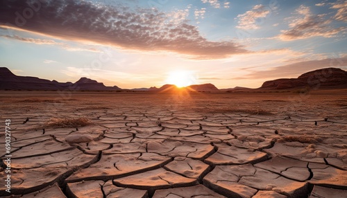 Sunset Over a Cracked Desert