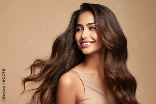 Beautiful woman with shiny hair on yellow background.
