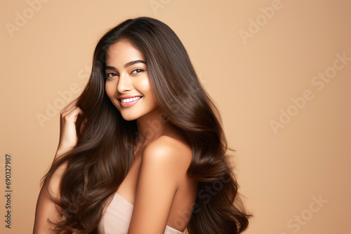 Beautiful woman with shiny hair on yellow background.