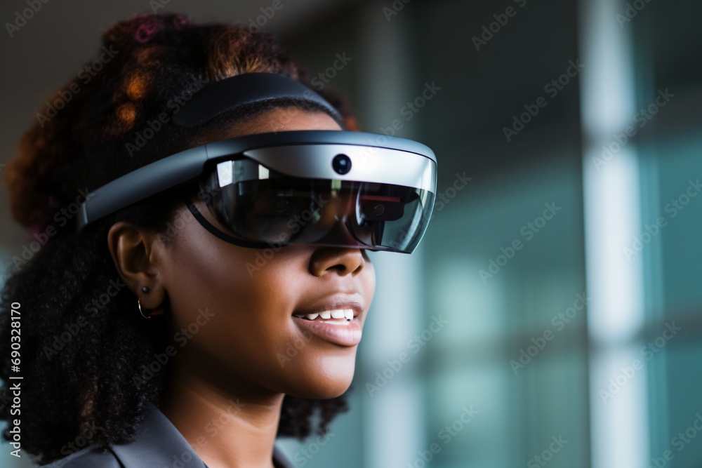 Woman using AR Augmented Reality glasses Woman using AR Augmented Reality glasses