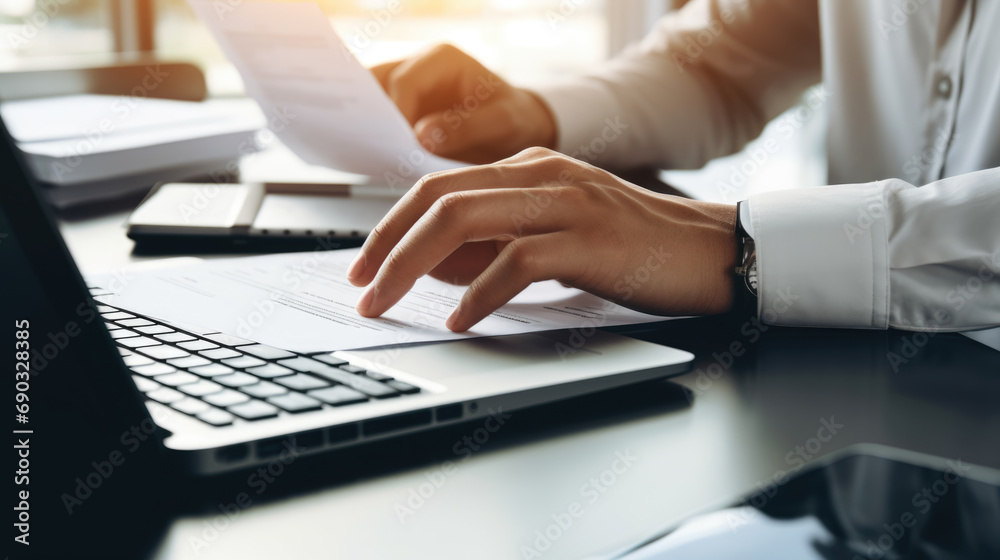 Close-up of a man's hands typing on a laptop keyboard, with a stack of paperwork beside them Close-up of a man's hands typing on a laptop keyboard, with a stack of paperwork beside them