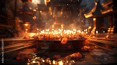 Joss sticks burning in a Chinese Taoist temple, creating a mystical atmosphere photo