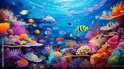 A vibrant coral reef teeming with marine life, just beneath the surface of the clear tropical waters. 