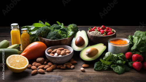 Variety of healthy foods including a fillet of salmon, avocados, nuts, leafy greens, and other vegetables