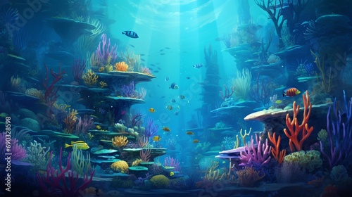 A vibrant coral reef teeming with marine life, with colorful fish swimming among coral formations. © PZ Studio