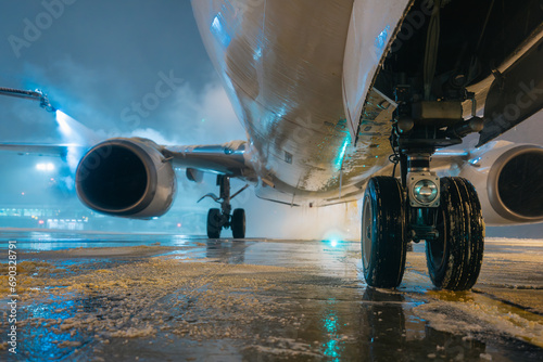 Selective focus on landing gear of airplane during deicing before take off. Winter frosty night and ground service at airport.. photo