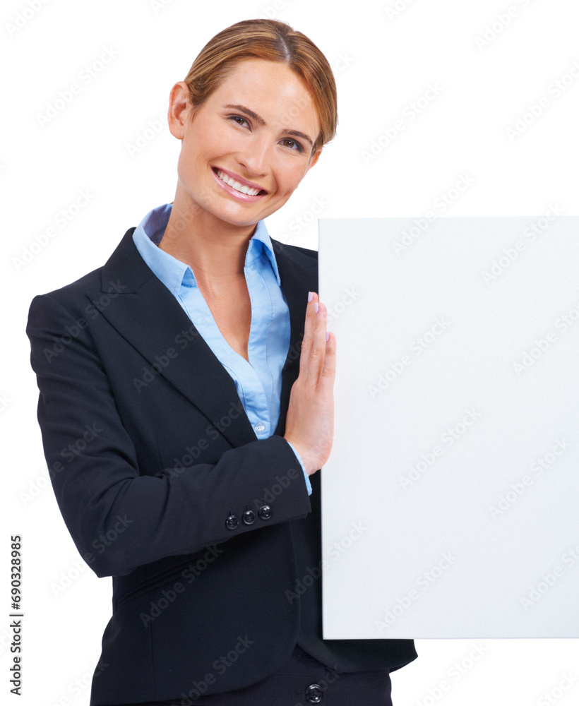Woman, portrait and poster mockup in studio for announcement, communication or news information. Female person, board and contact detail as corporate worker for about us signage on white background Woman, portrait and poster mockup in studio for announcement, communication or news information. Female person, board and contact detail as corporate worker for about us signage on white background