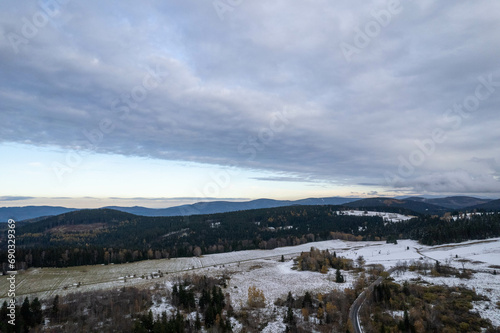 Fototapeta Naklejka Na Ścianę i Meble -  Southern Poland landscape, mountains, autumn, day, sun, sky, clouds, Klodzka Basin, dramatic and majestic scenery