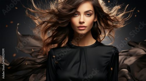 young woman in a black evening dress with beautiful flowing hair on a dark background .beauty and fashion content