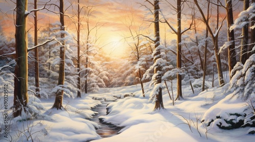 A winter wonderland comes to life as the sun peeks above the horizon, casting a soft glow on a forest adorned in a white coat of snow. 