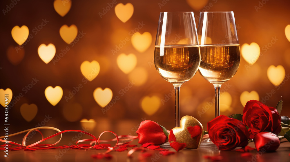 Two glasses of white wine on a table with a romantic ambiance, suggesting a celebration of a valentines day. Two glasses of white wine on a table with a romantic ambiance, suggesting a celebration of a valentines day.