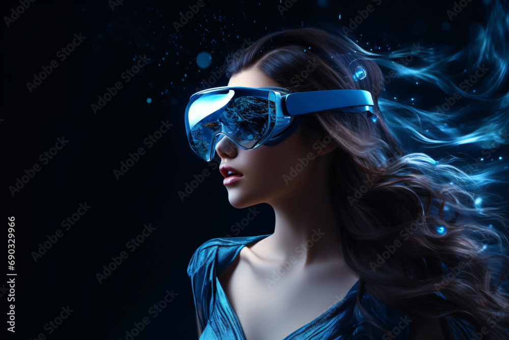 Beautiful woman wearing VR goggles with flowing hair in futuristic dress, virtual reality headset