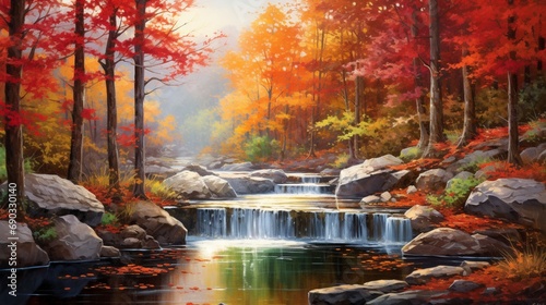An immersive view of an autumn forest waterfall  its vibrant waters plunging into a pool surrounded