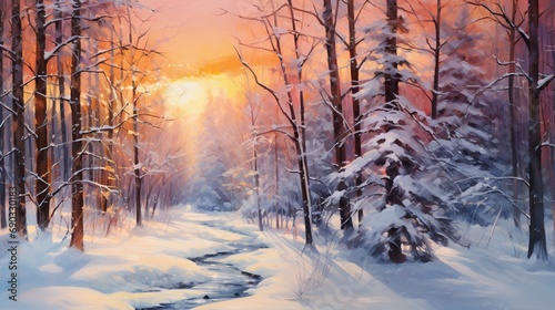 As the sun begins to rise, its golden rays paint the sky in hues of orange and pink, casting a warm glow on a tranquil winter forest.  © PZ Studio