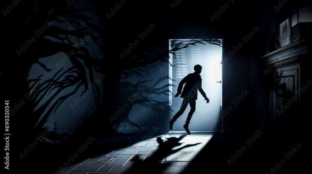 Silhouette of person standing in front of door in dark room.