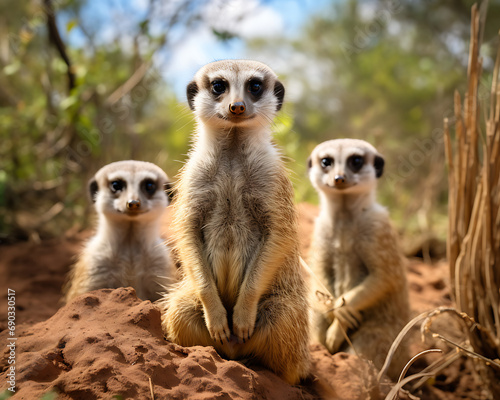 Curious Meerkats in Natural Desert Habitat, Exuding Watchfulness and Togetherness