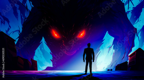 Man standing in front of giant red demon in dark forest.