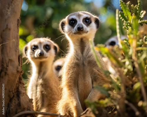 Vigilant Meerkats Standing Together in Natural Habitat, Sunshine Enhancing Their Soft Fur