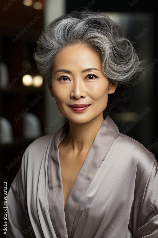 Asian woman with grey hair and a robe Asian woman with grey hair and a robe