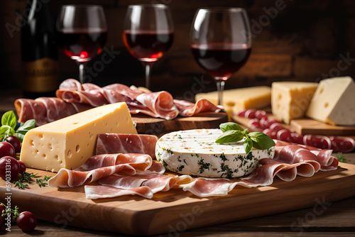 A piece of cheese and sliced prosciutto with glasses of wine on a wooden board