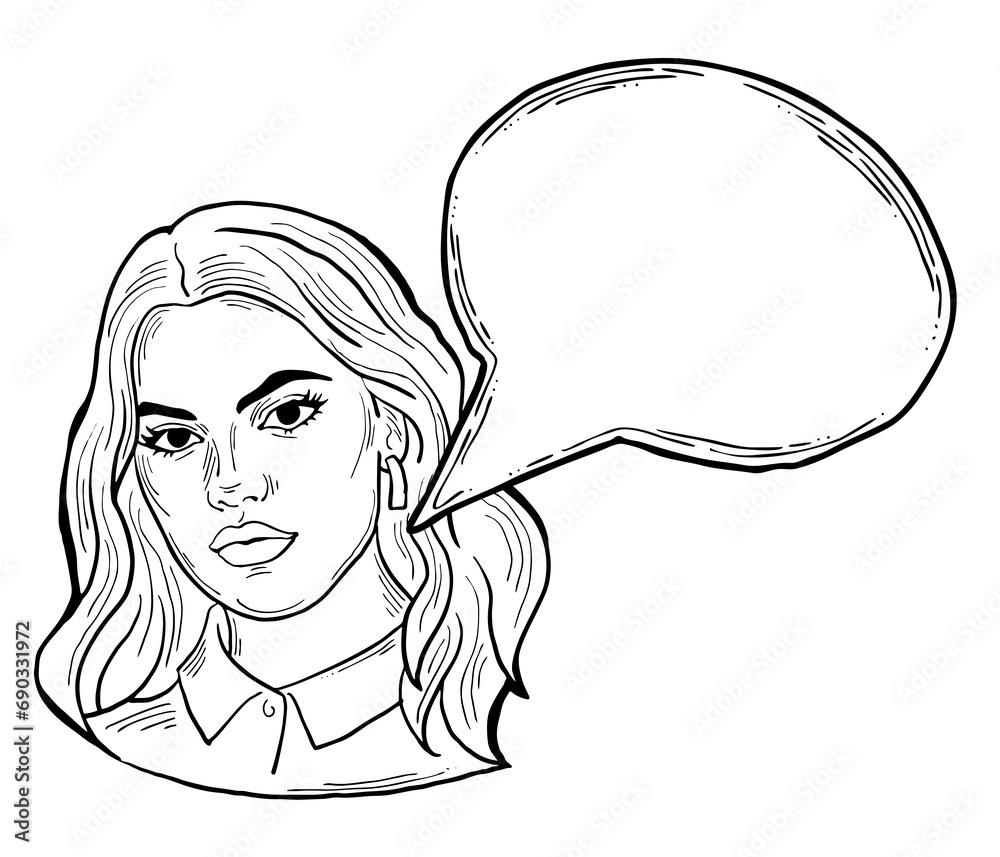 Beautiful young woman talk. Empty speech bubble for sale promotion, text background, quotes. Hand drawn illustration, cartoon comic style.