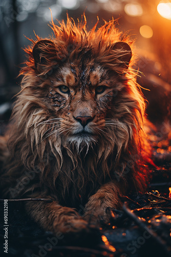 A lion with a mane made of fire.