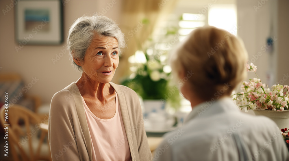 Obraz premium Senior woman talking to nursing home physicin, telling complains and health issues. Mental health concept