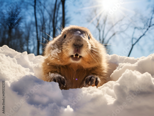 Groundhog Crawls Out of Snowy Burrow © Iryna