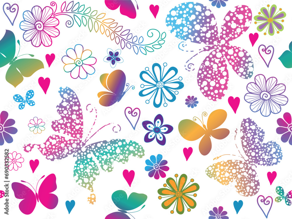 Vector Valentine seamless gradient pattern with hearts and butterflies on transparent background. Vector Valentine seamless gradient pattern with hearts and butterflies on transparent background.