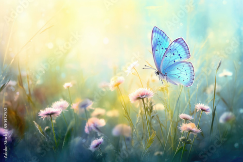 Watercolor butterfly on wildflowers in spring