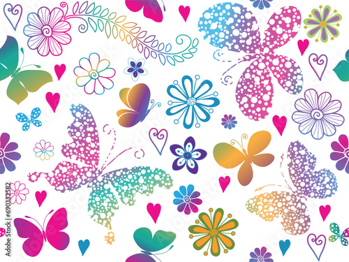 Vector Valentine seamless gradient pattern with hearts and butterflies on transparent background.