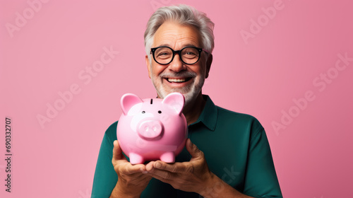 Smiling middle age man holding a piggybank