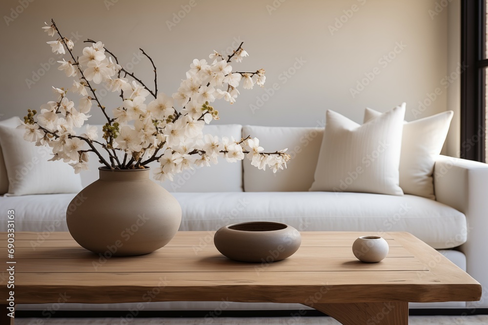 Tranquil Retreat. Neutral-Toned Sofa and Wooden Coffee Table with a Single Plant