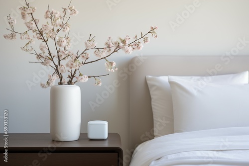 White Bed, Sleek Bedside Table, and a Single White Vase. Minimalist Tranquility © imagemir