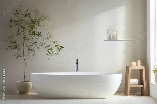 Sleek Sanctuary. Minimalist Bathroom with Freestanding Tub and Single Plant